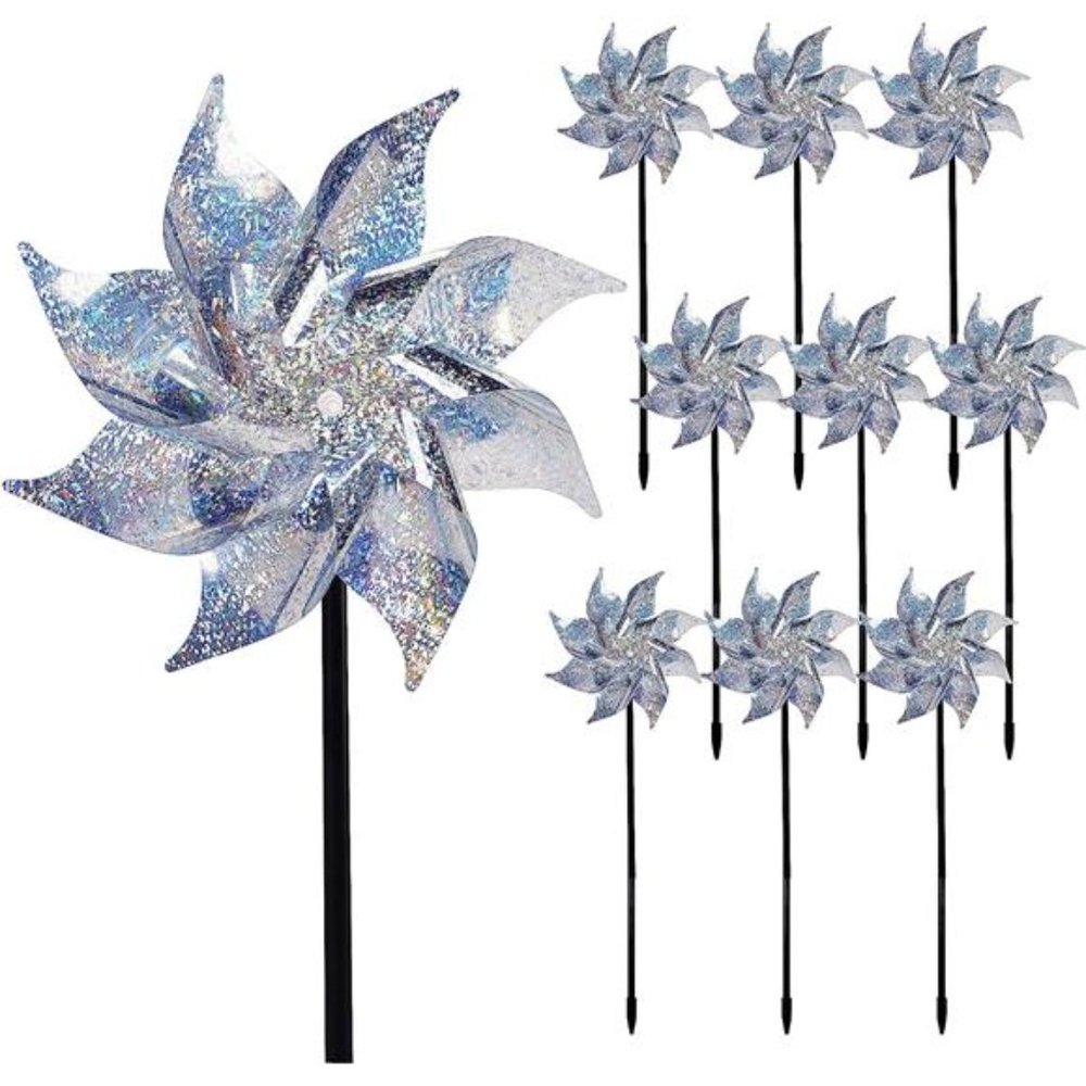 10 Pack Reflective Pinwheels with Stakes,Extra Sparkly Pinwheel for Garden Decor